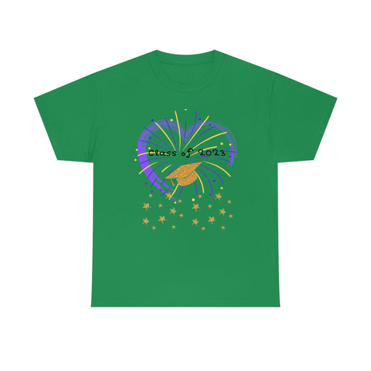 "2023 Graduation Cap on Fireworks" Unisex Heavy Cotton Tee