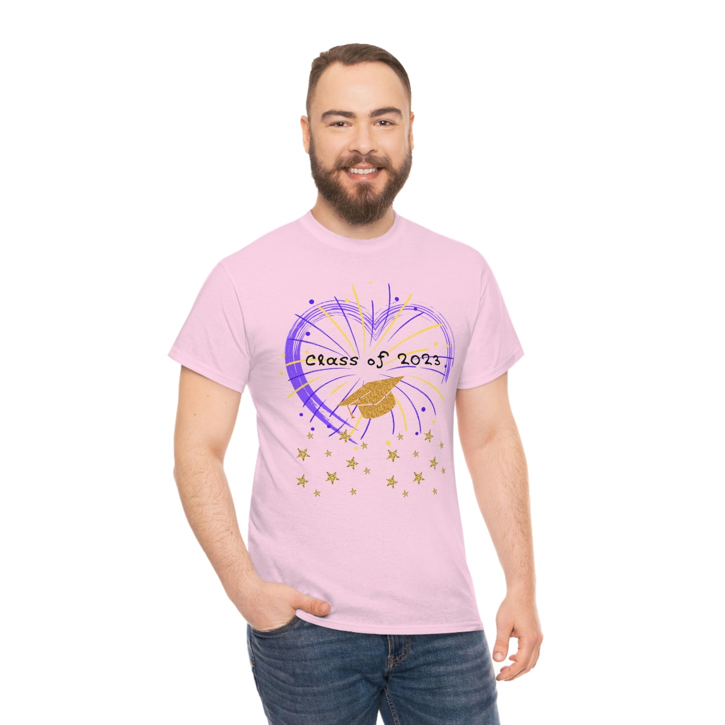 "2023 Graduation Cap on Fireworks" Unisex Heavy Cotton Tee