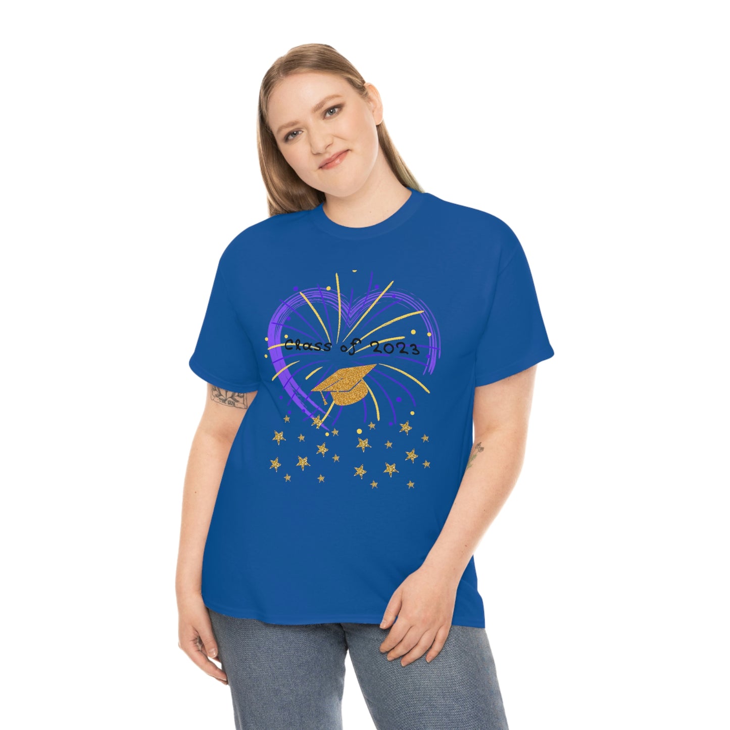 "2023 Graduation Cap on Fireworks" Unisex Heavy Cotton Tee