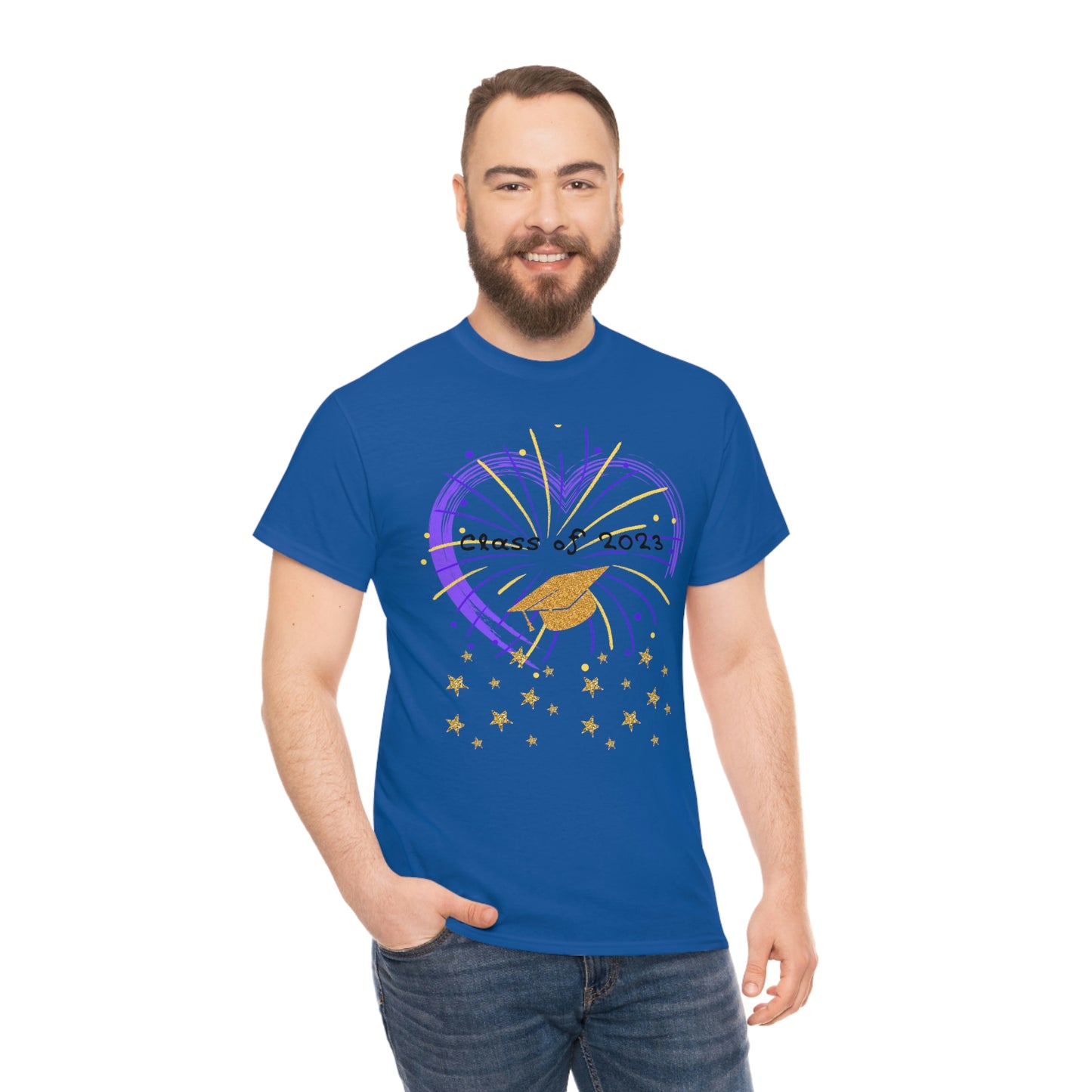 "2023 Graduation Cap on Fireworks" Unisex Heavy Cotton Tee